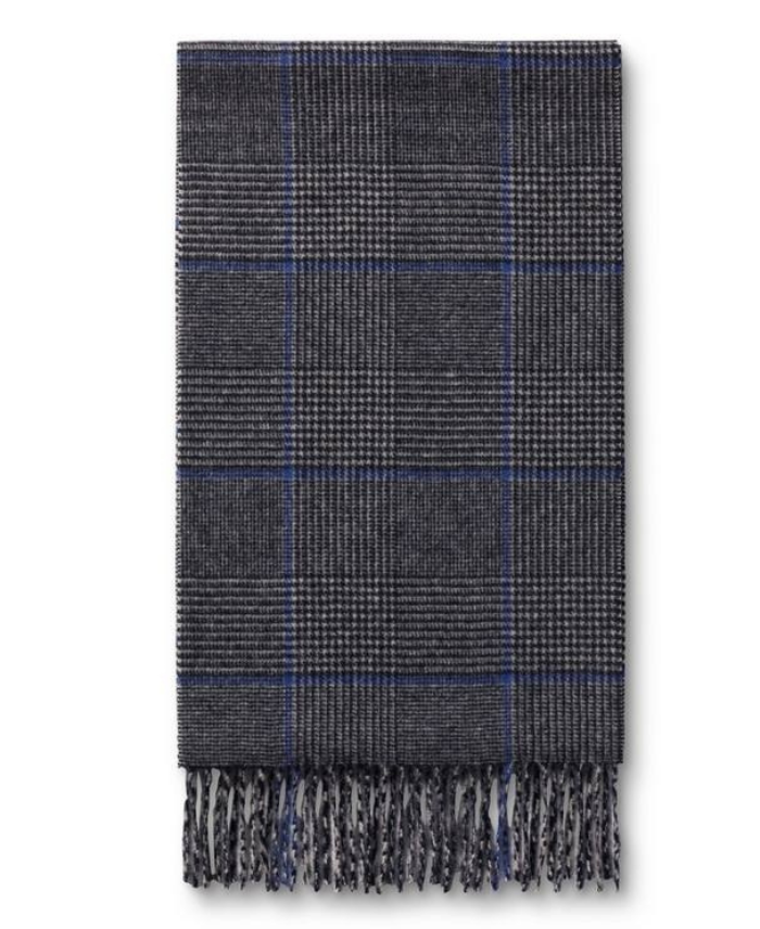 Instastuff Charcoal Gray & Blue Plaid Fringe Scarf